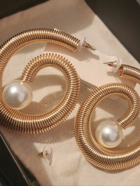 Gold Spiral Hoop Earrings with Pearl Accent